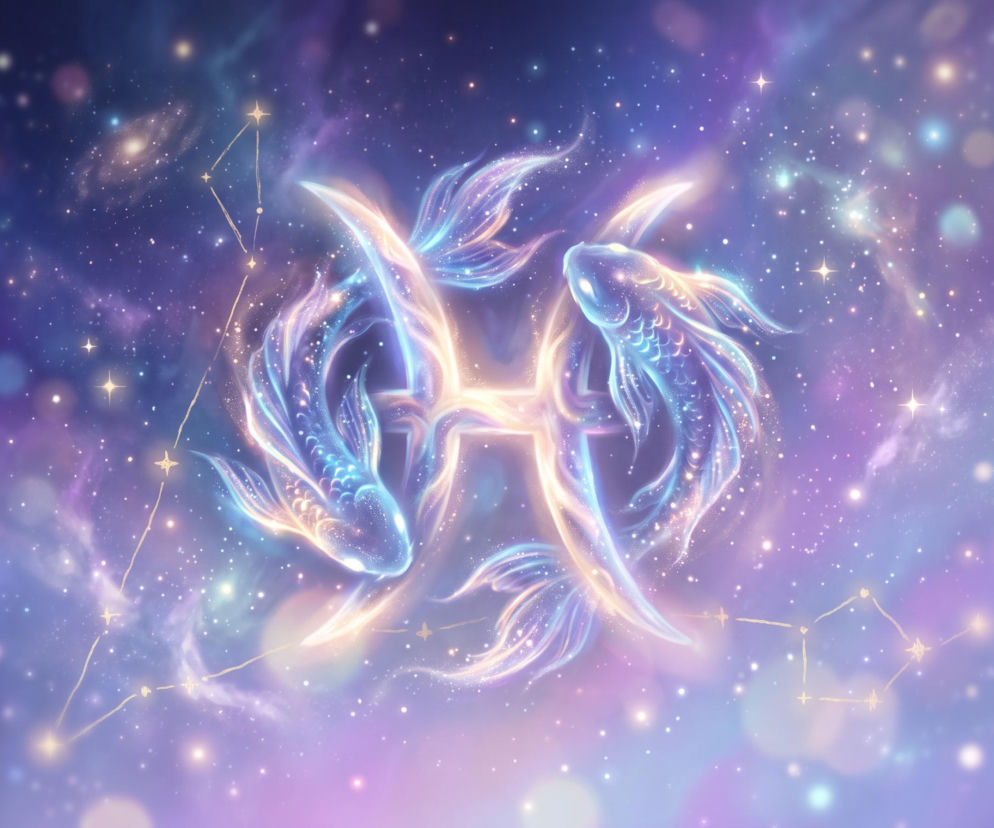 Dwie świecące ryby na tle kosmosu tworzące znak zodiaku Ryby. O horoskopie dziennym przeczytasz na Eska.