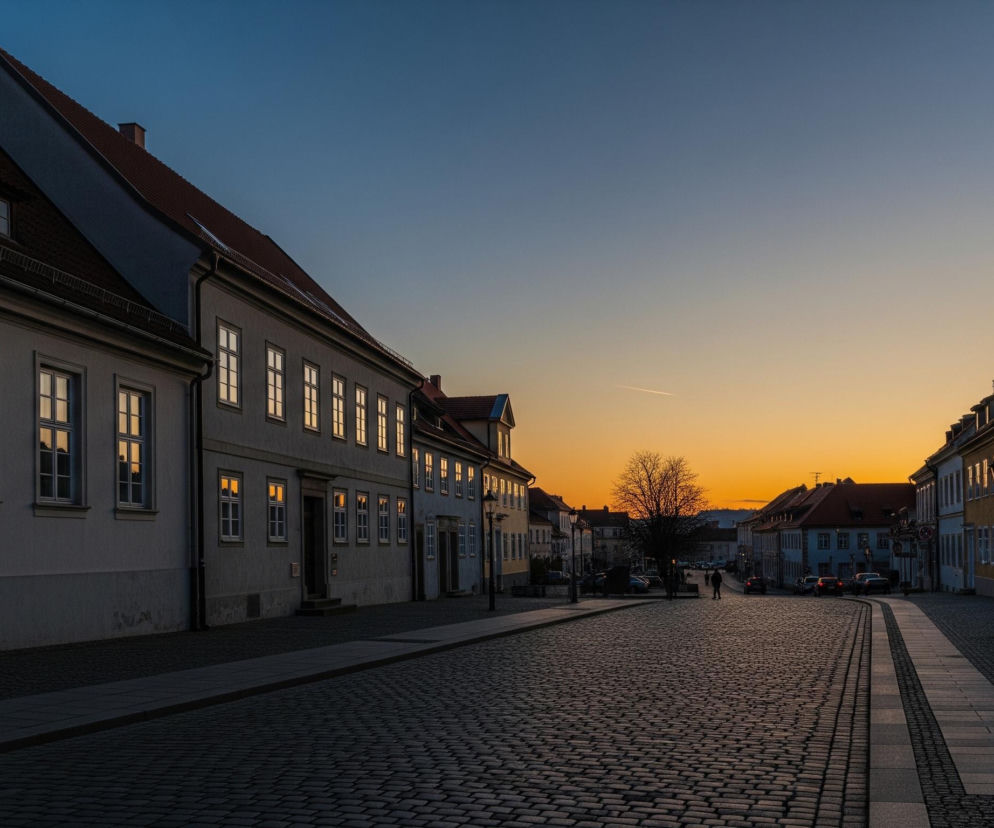 Kamienna ulica biegnie prosto przez środek kadru, prowadząc wzrok w głąb miasta, gdzie widoczna jest sylwetka drzewa bez liści i kilka osób. Po obu stronach ulicy stoją zabytkowe kamienice o jasnych fasadach i spadzistych, czerwonych dachach, z których wiele ma okna odbijające pomarańczowe światło zachodzącego słońca. Niebo w górnej części jest ciemnobłękitne, przechodząc stopniowo w jaskrawy pomarańczowo-żółty odcień horyzontu. W tle widać zarys niewielkiego wzgórza oraz długi, biały smug samolotu na niebie.