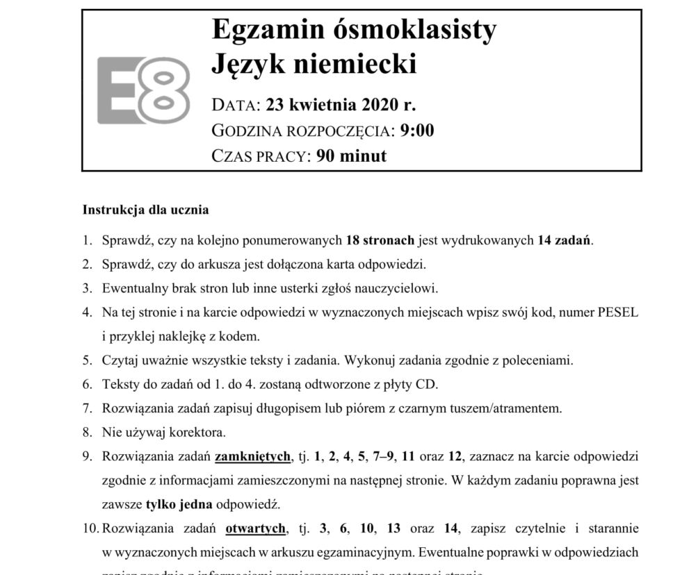 Egzamin ósmoklasisty 2020 - ODPOWIEDZI z języka niemieckiego
