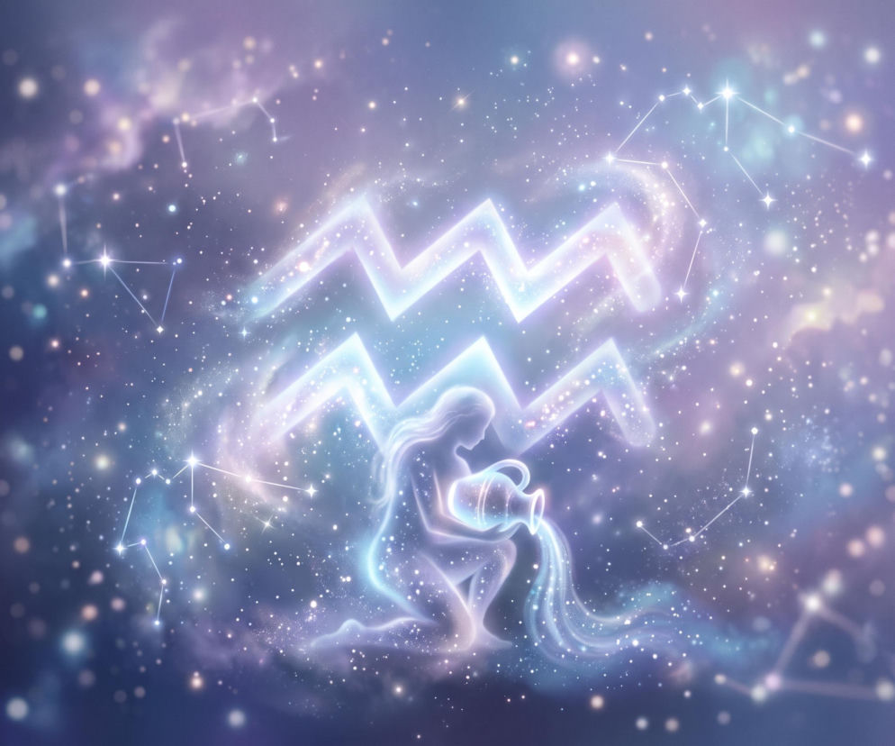 Świecący symbol znaku zodiaku Wodnik na tle rozgwieżdżonego nieba. O horoskopie dla Wodnika przeczytasz w Eska.