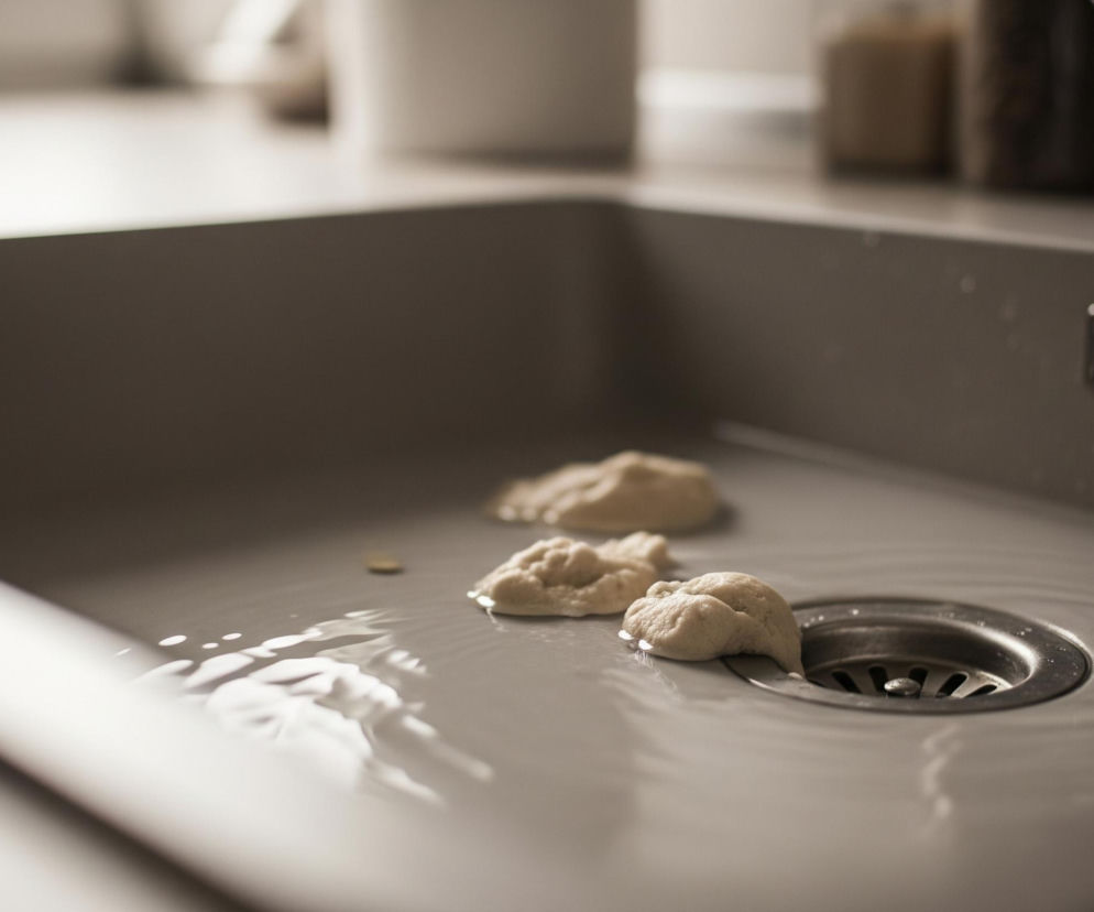 Na zdjęciu przedstawiony jest szary zlew kuchenny wypełniony płytką warstwą wody. W wodzie, w pobliżu odpływu, znajdują się trzy kawałki jasnej, porowatej substancji przypominającej ciasto lub grudki rozpuszczonego jedzenia. Jeden z kawałków zakrywa część metalowego sitka odpływu. Z kranu w prawym górnym rogu, częściowo widocznego, kapią pojedyncze krople wody, tworząc drobne zmarszczki na powierzchni. Całość ma stonowaną, neutralną kolorystykę, z dominującymi odcieniami szarości i beżu.