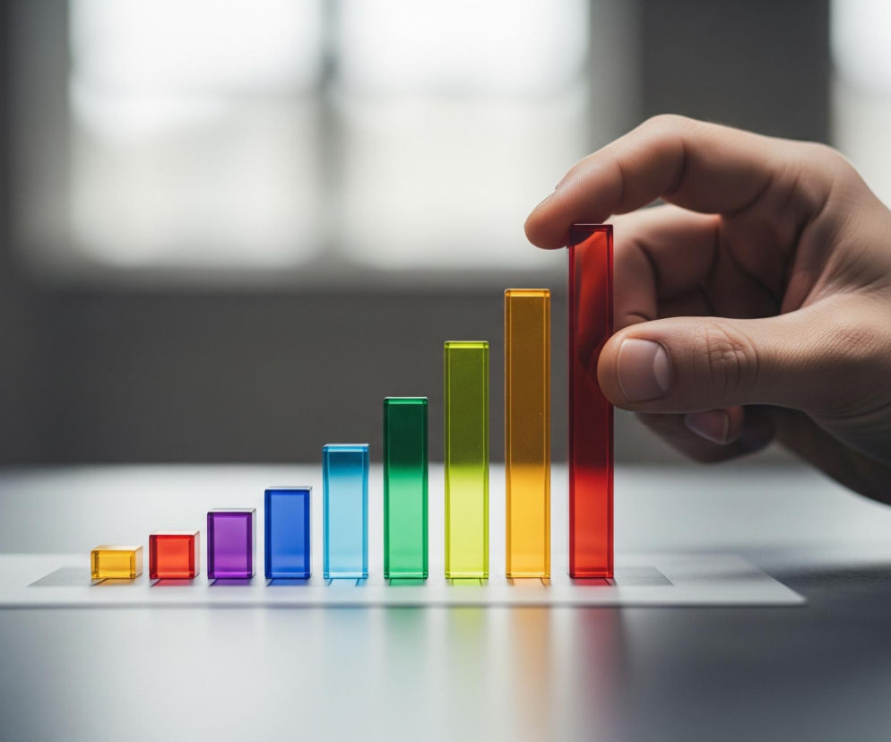 Dłoń, widoczna po prawej stronie kadru, w białej koszuli w ciemne paski, sięga w kierunku ułożonych rzędowo, przezroczystych słupków. Słupki te, o różnych wysokościach i kolorach tęczy, od żółtego, przez czerwony, fioletowy, niebieski, jasnozielony, żółtozielony, po intensywny czerwony, ustawione są na białej, prostokątnej powierzchni. Najwyższy, czerwony słupek, jest dotykany przez kciuk i palec wskazujący dłoni. Całość znajduje się na ciemnym, gładkim blacie, a tło jest jasne i rozmyte.