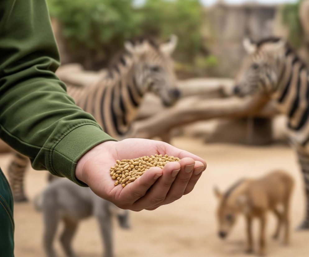 Osoba ubrana w zielone ogrodniczki i oliwkową bluzę z długim rękawem wyciąga otwartą dłoń z garścią jasnobrązowych granulek pokarmu. Scena rozgrywa się na tle piaszczystego wybiegu, gdzie widać rozmazane sylwetki dwóch zebr z charakterystycznymi czarno-białymi pasami. Po prawej stronie w dole kadru znajduje się również rozmyte, młode zwierzę o jasnobrązowej sierści. Tło wybiegu uzupełniają niewyraźne, skaliste formacje i fragmenty zielonej roślinności.