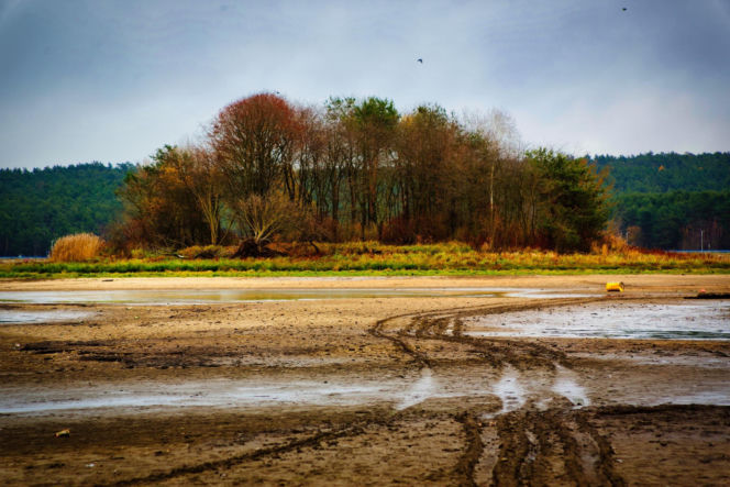 Rekordowo niski poziom wody w zalewie Brodzkim. Remont tamy i jazu Staszica w Brodach