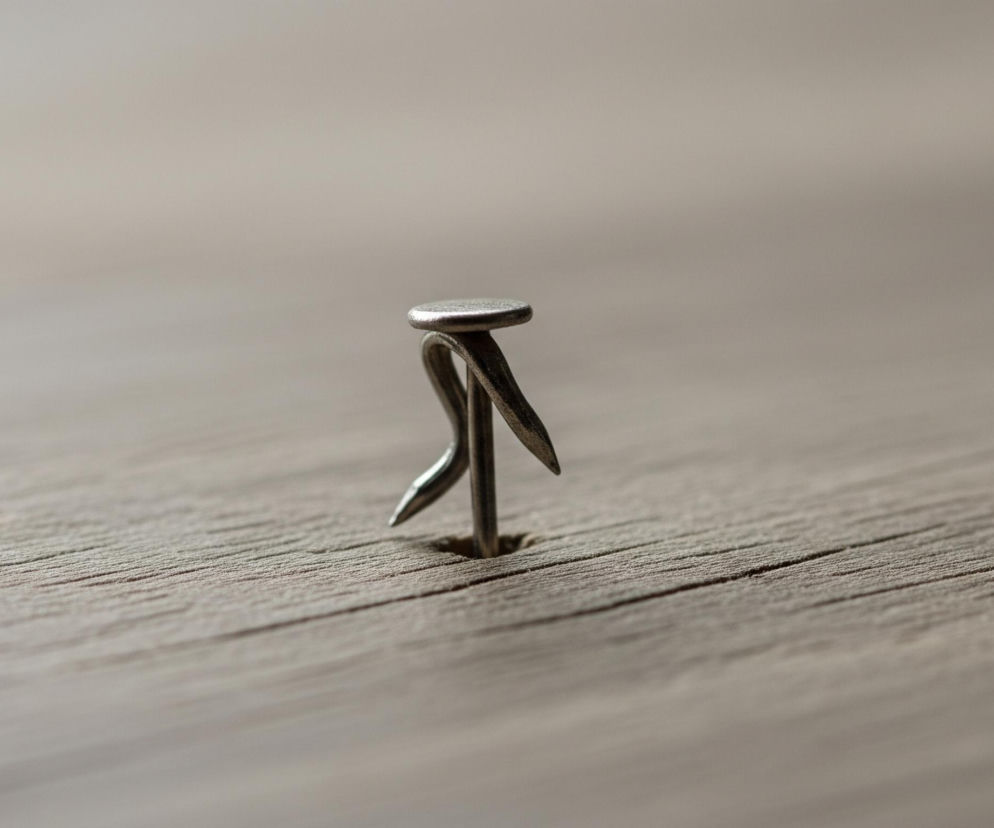 Centralnie umieszczony jest wygięty srebrny gwóźdź, częściowo wbity w drewnianą deskę. Gwóźdź ma płaską, okrągłą główkę i jego trzon wygiął się w kształt litery S ponad powierzchnią drewna, z ostrym końcem skierowanym w prawo. Drewniana deska ma jasnobrązowy kolor, z widocznymi, równoległymi słojami i lekkimi pęknięciami. Tło jest rozmyte, utrzymane w podobnych, neutralnych odcieniach szarości i beżu.