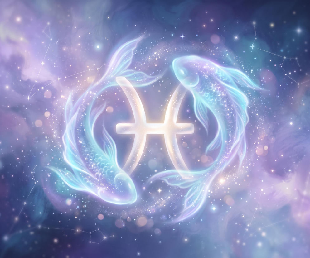 Symbol znaku zodiaku Ryby otoczony przez dwie świecące ryby na tle kosmosu. O horoskopie dla Ryb przeczytasz w Eska.