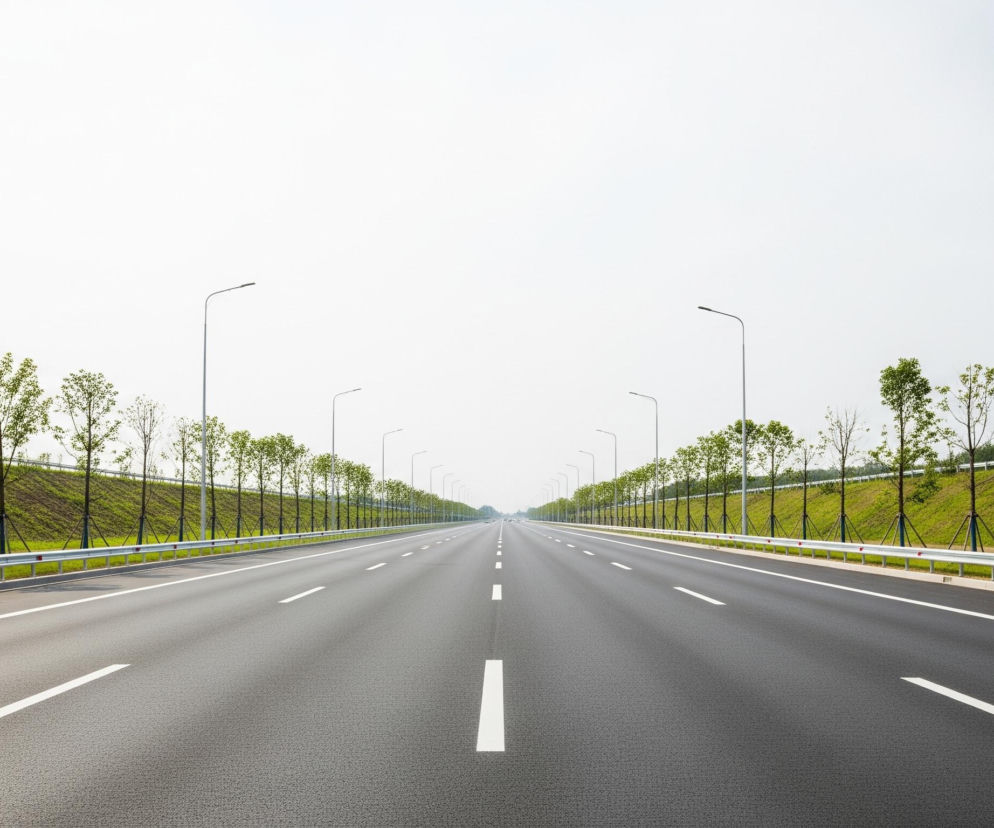 Na zdjęciu dominuje szeroka, pusta autostrada biegnąca prosto w głąb obrazu, pod jasnym, jednolitym, prawie białym niebem. Droga ma gładką, ciemnoszarą nawierzchnię z wyraźnymi białymi liniami pasów ruchu i przerywanymi białymi liniami krawędziowymi. Po obu stronach autostrady ciągną się równoległe rzędy młodych drzew o jasnozielonych liściach, posadzone na trawiastych, pochyłych nasypach, oddzielonych od jezdni stalowymi barierami ochronnymi z czerwonymi odblaskami. Wzdłuż drogi rozmieszczone są również proste, szare latarnie uliczne, znikające w oddali.