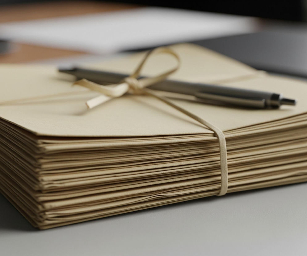 Na pierwszym planie, centralnie, leży stos około dwudziestu beżowych kopert, przewiązanych beżowym sznurkiem zawiązanym w kokardkę na górze. Na stosie kopert, równolegle do dłuższego boku, leży ciemnoszary długopis. Koperty leżą na jasnoszarym, matowym blacie biurka, a tło jest rozmyte, ukazując fragmenty ciemniejszych i jaśniejszych powierzchni, sugerujących dalsze elementy biurka i otoczenia.