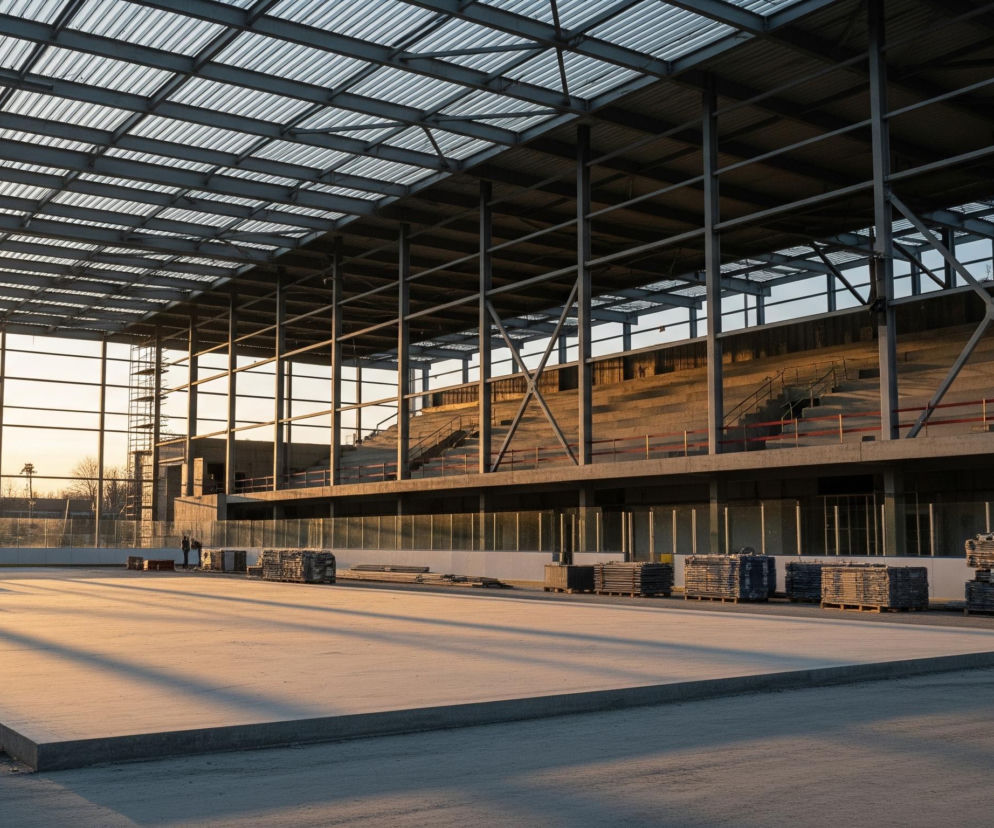 Duży, niedokończony budynek z metalową konstrukcją dachu i ścian, przypominający halę sportową lub lodowisko. W centrum znajduje się prostokątna, betonowa płyta, która rzuca długie cienie na piaszczyste podłoże w złocistym świetle zachodzącego słońca. Po prawej stronie płyty ułożono stosy materiałów budowlanych na drewnianych paletach, a w tle widać betonowe trybuny z balustradami, również częściowo zacienione. Przez przezroczyste ściany hali na lewo od płyty, widać zarys budynków i drzew na horyzoncie, otoczonych jasną, pomarańczowo-żółtą poświatą.