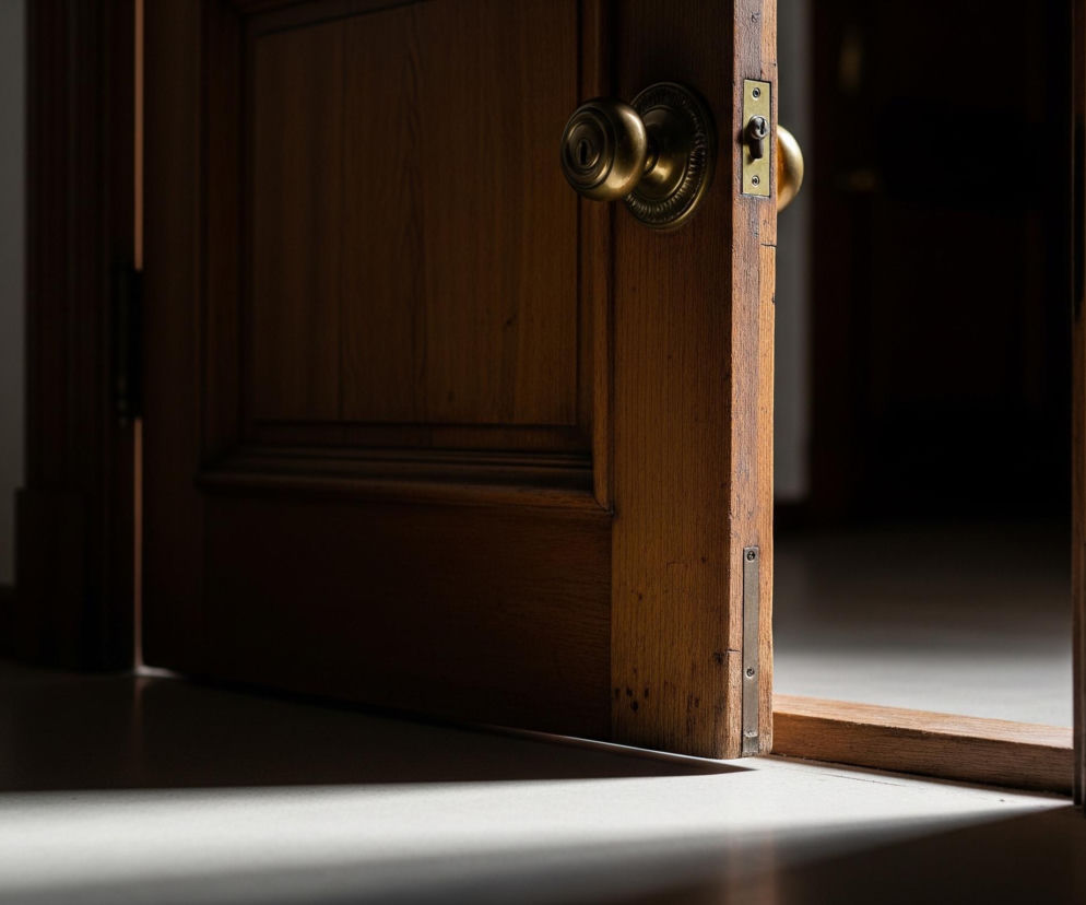 Uchylone drewniane drzwi z mosiężną klamką wypełniają centrum kadru. Od prawej strony pada na nie skośne światło, oświetlając fragment futryny oraz podłogi, na której widoczny jest cień drzwi i progu. Mosiężna klamka i zamek są wyraźnie widoczne, a drzwi są lekko uchylone, ukazując ciemne wnętrze pomieszczenia za nimi.