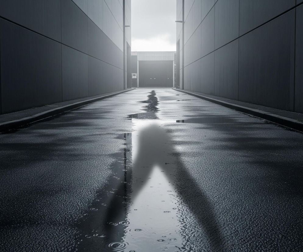 Długa, wąska droga, prawdopodobnie asfaltowa, biegnie prosto przez środek kadru, otoczona po obu stronach wysokimi, ciemnymi ścianami budynków. Droga jest mokra i pokryta licznymi kałużami odbijającymi jasne światło z końca perspektywy, gdzie widać kolejny budynek i jaskrawe, pochmurne niebo. Na mokrej nawierzchni widoczne są kręgi od kropel deszczu.