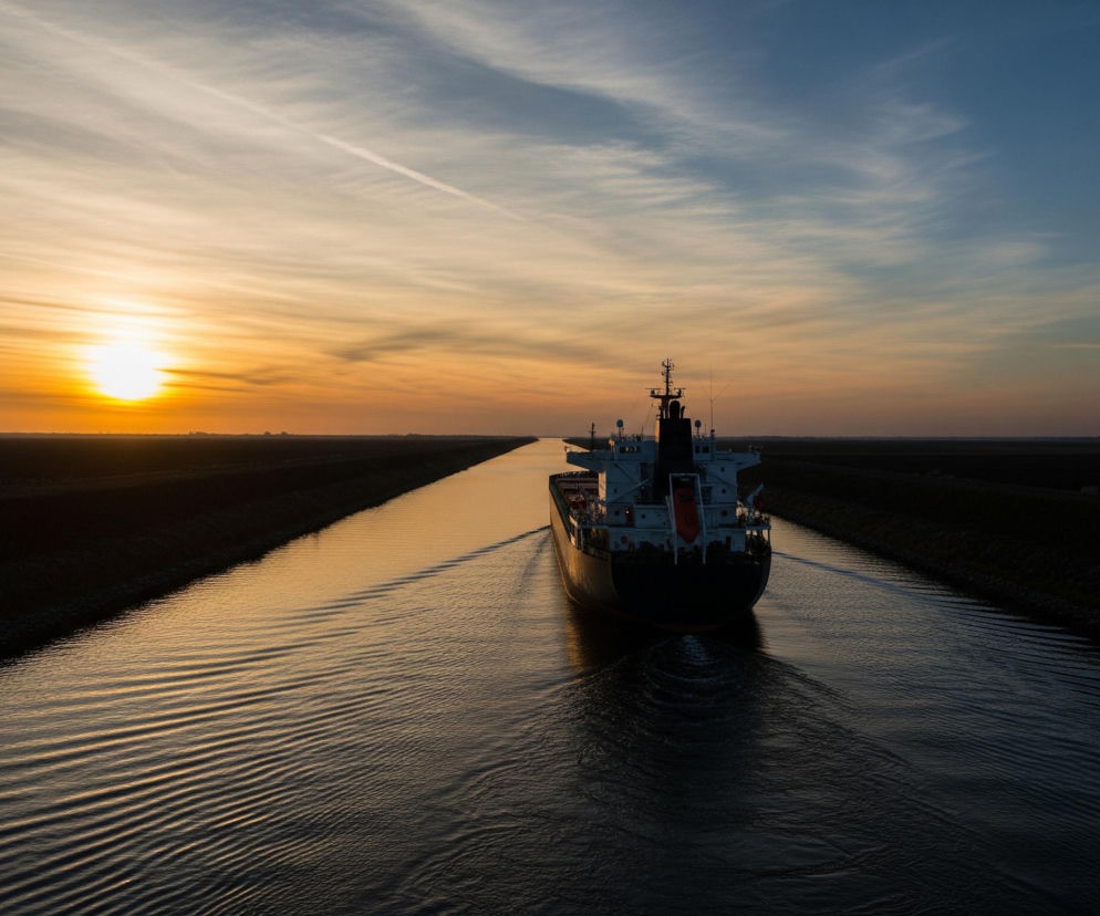 Duży statek towarowy, widoczny od rufy, płynie prosto wąskim kanałem wodnym, pozostawiając za sobą wyraźny ślad fal. Słońce, znajdujące się po lewej stronie horyzontu, rzuca długie, pomarańczowo-złote światło na wodę, tworząc intensywne odbicia i rozjaśniając lewą stronę nieba. Po prawej stronie niebo przechodzi w odcienie błękitu, z widocznymi delikatnymi, poziomymi smugami chmur. Obie strony kanału otaczają ciemne, płaskie tereny, porośnięte niską roślinnością, tworząc kontrast z jasną wodą i niebem.