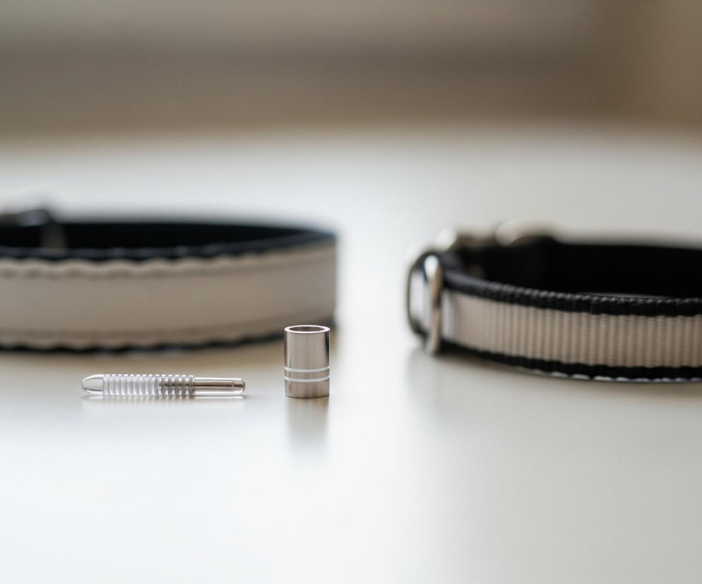 Na białym blacie leżą dwa beżowo-czarne paski oraz dwa metalowe elementy. Lewy pasek jest częściowo widoczny w górnej części obrazu, a jego beżowa strona skierowana jest do góry, tworząc zakrzywiony kształt z widocznym czarnym wnętrzem i przeszyciami. Po prawej stronie widać drugi pasek, również z beżową stroną na wierzchu i czarnym brzegiem, z metalowym zapięciem. Pomiędzy paskami, na blacie, leżą dwa metalowe elementy: po lewej podłużny, srebrny przedmiot z transparentnym, żłobionym fragmentem i metalową częścią, a obok niego, po prawej, cylindryczny, błyszczący przedmiot w kolorze srebrnym z dwoma poziomymi paskami.