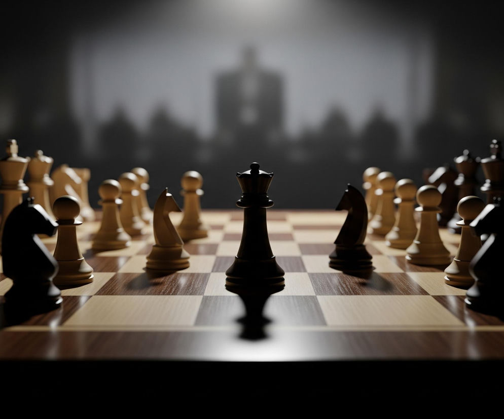 Na drewnianej szachownicy z jasnymi i ciemnymi polami, ustawione są figury szachowe. Na pierwszym planie, centralnie, stoi czarny królowa, otoczona przez inne czarne i białe figury, które są ustawione w początkowej pozycji. Czarne figury po lewej stronie kadru, takie jak wieża, skoczek i pionki, oraz białe figury po prawej, jak pionki, skoczek i hetman, są częściowo zacienione, z wyraźnymi cieniami rzucanymi na szachownicę. Tło jest ciemne i rozmyte, ale widać na nim sylwetki przypominające stojących ludzi, oświetlone z góry punktowym światłem, które akcentuje również królową.