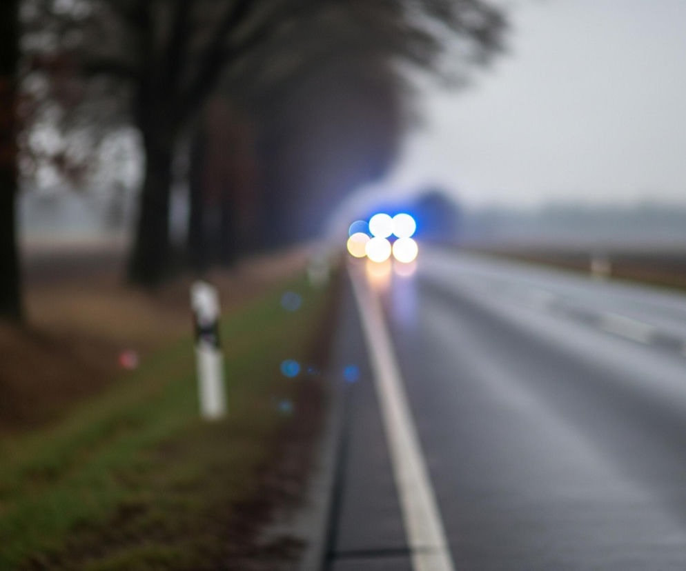 Rozmazana droga asfaltowa rozciąga się w głąb obrazu, z wyraźną białą linią przerywaną oddzielającą pasy ruchu. W oddali widać rozmyte, jasne światła pojazdu, składające się z czterech okrągłych, białych świateł oraz dwóch mniejszych, niebieskich świateł błyskających nad nimi. Po lewej stronie jezdni biegnie pobocze pokryte trawą i brązową ziemią, z kilkoma drzewami o ciemnych pniach i rozmazanych koronach. Widoczny jest również biały słupek przydrożny z czarnym paskiem, a dalsze otoczenie to rozmyte, szare niebo i horyzont.