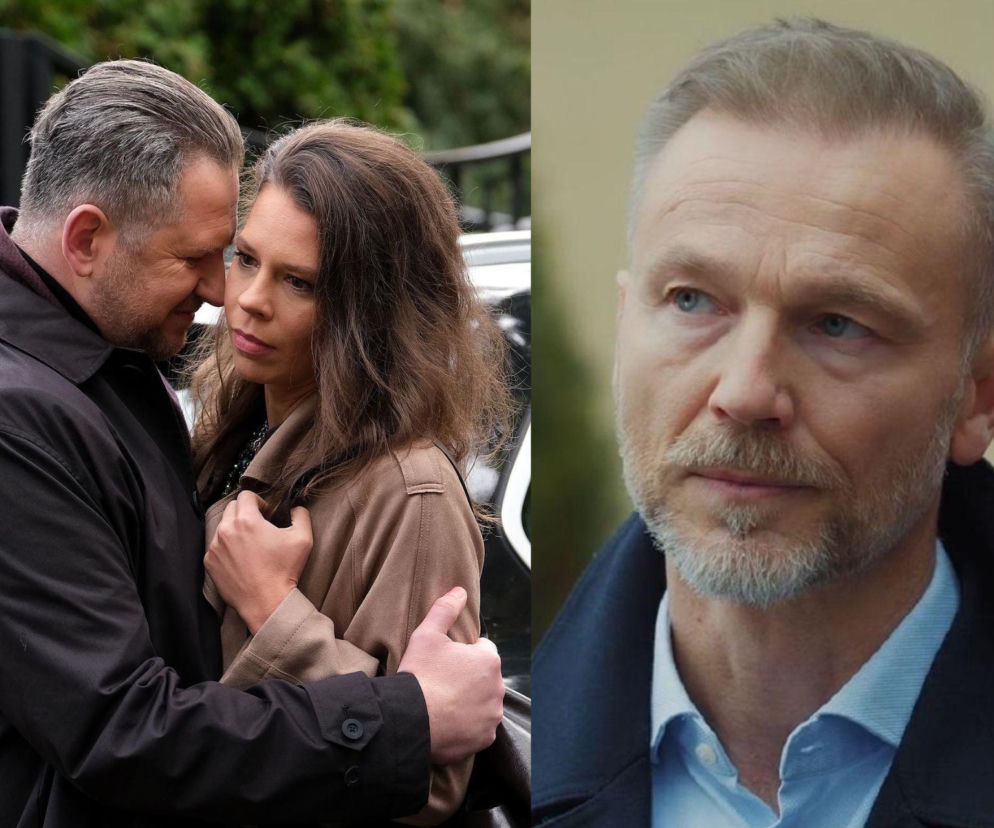 Paulina Lipska i Krystian Wieczorek w objęciach oraz Marcin Pietowski w tle, odzwierciedlający napiętą sytuację w serialu M jak miłość. Zdjęcie ilustruje sceny konfliktu i dramatu, o których przeczytasz więcej na portalu Super Seriale.