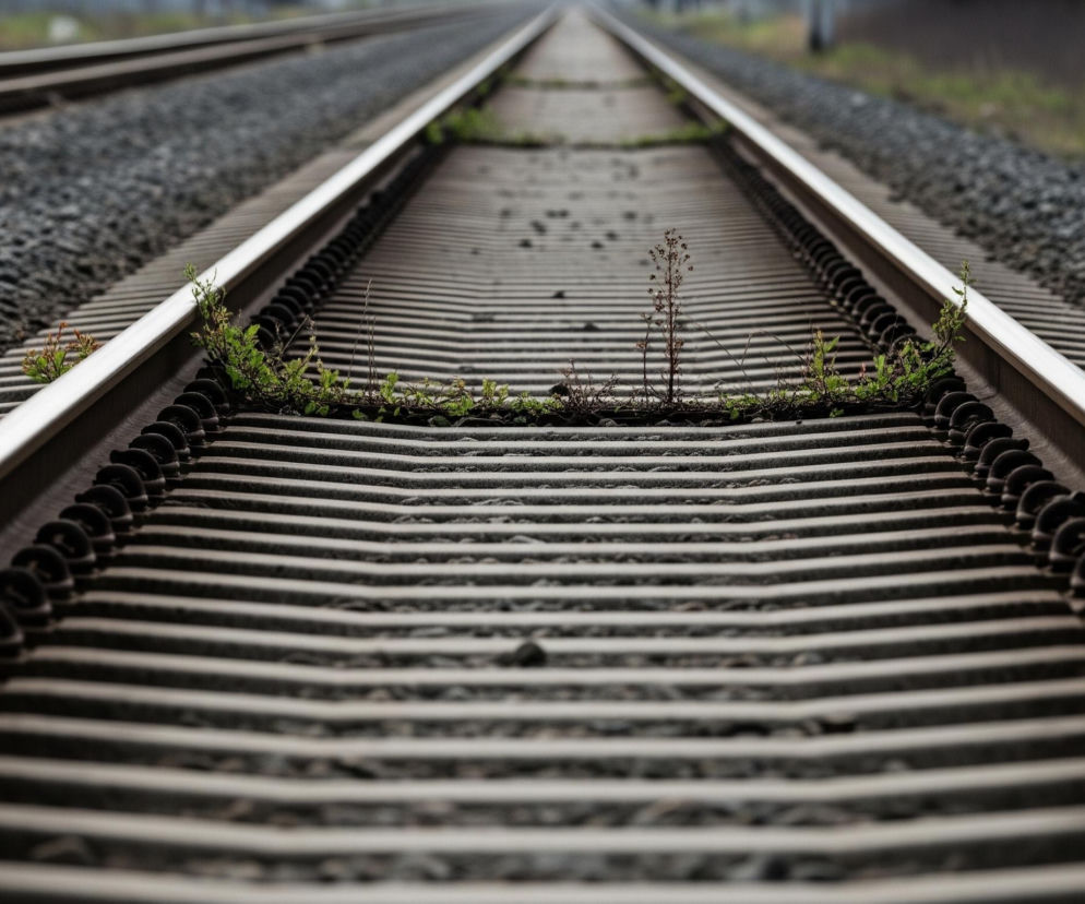 Dwa tory kolejowe rozciągają się w głąb kadru, tworząc linię horyzontu w oddali. Centralny tor jest ostry i szczegółowy, ukazując stalowe szyny, pomiędzy którymi znajdują się podkłady i drobne kamienie. Pomiędzy podkładami, zwłaszcza w centrum, widać pojedyncze kępki zielonej roślinności i suche badyle. Po prawej stronie, nieco dalej, biegnie drugi tor, który jest rozmyty i mniej wyraźny. Całe otoczenie, z wyjątkiem pierwszego planu, jest rozmyte, co podkreśla głębię ostrości na pierwszym torze.