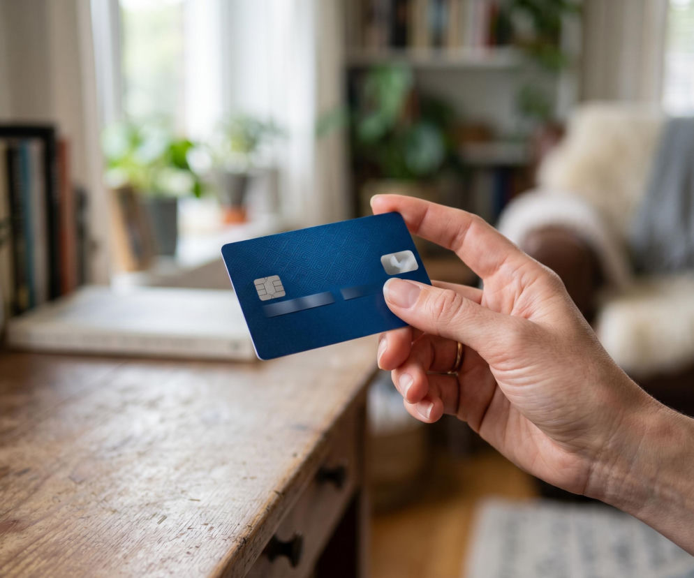 Dłoń trzymająca niebieską kartę płatniczą z chipem i paskami danych, symbolizująca problem ukrytych opłat w kartach kredytowych Axi Card, Net Credit i Halvo. Więcej o zarzutach UOKiK przeczytasz na Super Biznes.