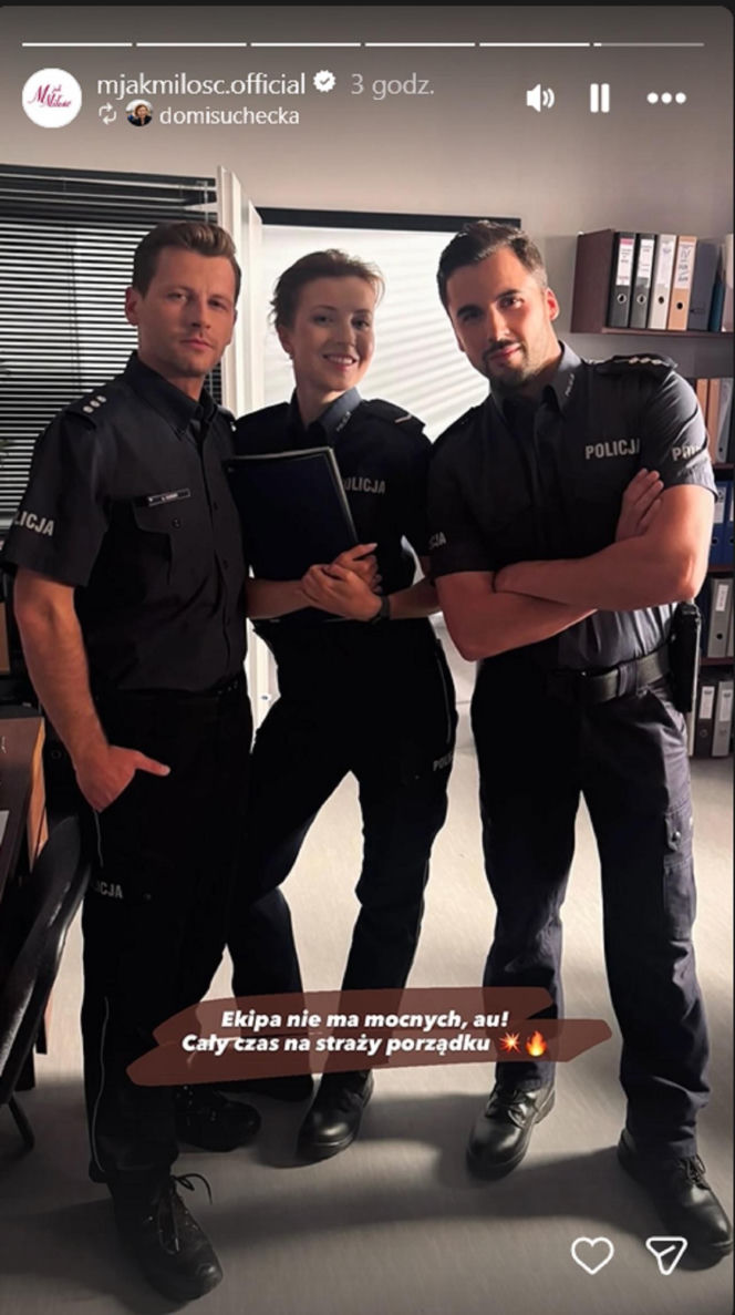 M jak miłość nowy sezon na planie. Natalka (Dominika Suchecka), Adam Karski (Patryk Szwichtenberg), Rafał (Jakub Kucner)