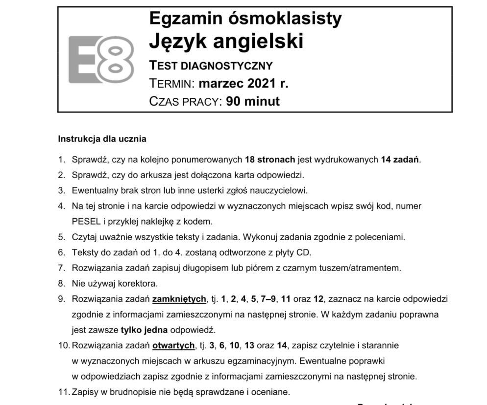 Próbny egzamin ósmoklasisty 2021: Język angielski. ARKUSZE CKE