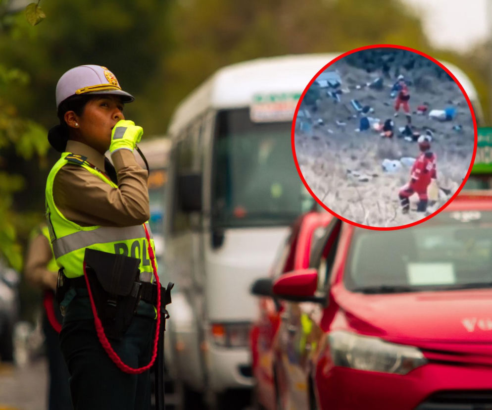 Policjantka przy drodze, w tle bus. Na miniaturze ratownicy w miejscu wypadku w Peru. Szczegóły tragedii na SE.