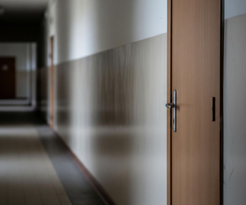 Korytarz oświetlony naturalnym światłem z bliska, gdzie dominuje prawa strona kadru z brązowymi drzwiami i srebrną klamką. Lewa strona ukazuje długi, pusty korytarz z kremowo-białymi ścianami, częściowo pokrytymi ciemniejszą boazerią, z podłogą wyłożoną kwadratowymi płytkami w odcieniach szarości i bieli. Głęboko w tle widać kolejne, ciemnobrązowe drzwi z białą, okrągłą tabliczką, a całe otoczenie jest nieco rozmyte, z wyjątkiem drzwi na pierwszym planie, co nadaje zdjęciu głębi.