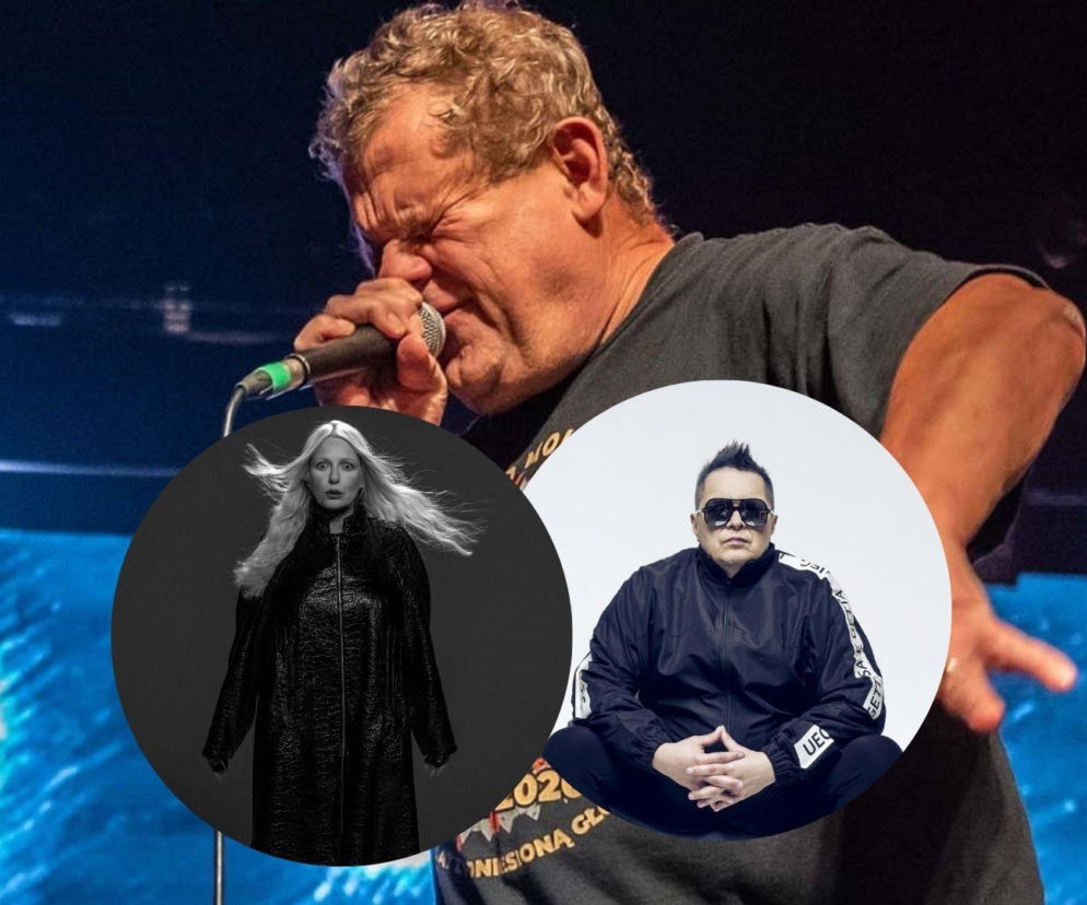 Kazik Staszewski śpiewa do mikrofonu. Na miniaturach obok Kora i Muniek Staszewski. O ikonach rocka czytaj w EskaRock.