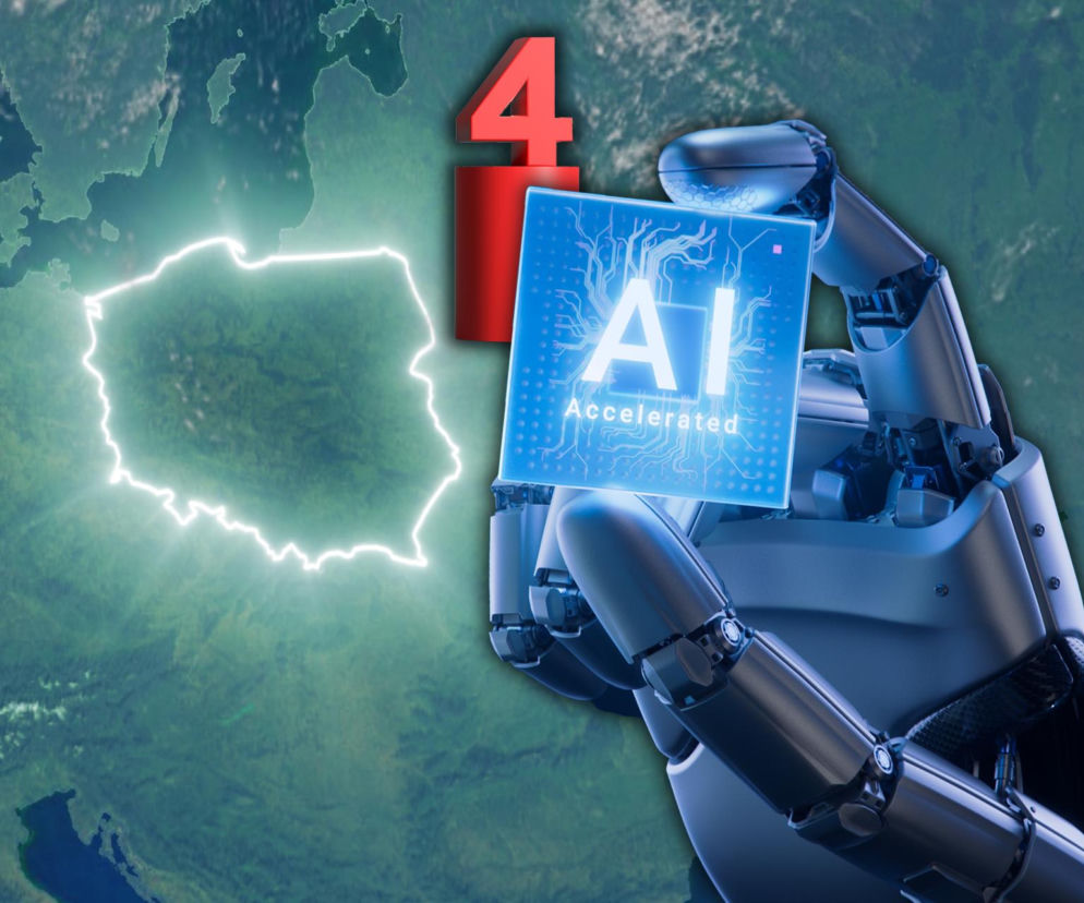 Robot trzyma chip z napisem AI na tle mapy z konturem Polski i cyfrą 4. O sukcesie Polaków przeczytasz na SE Superbiz.