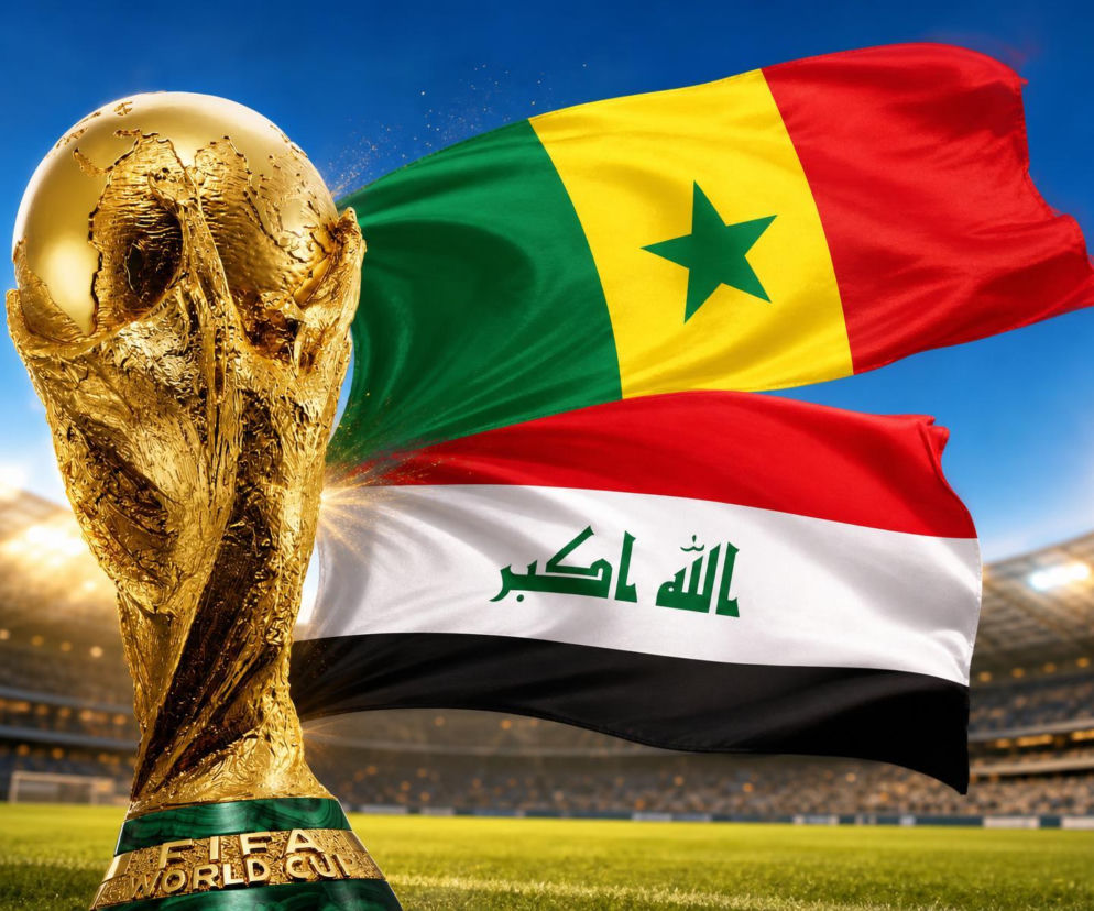 Puchar Świata FIFA na tle powiewających flag Senegalu i Iraku, symbolizujący mecz Mundialu 2026. Szczegóły statystyk i składów drużyn znajdziesz na naszym portalu.
