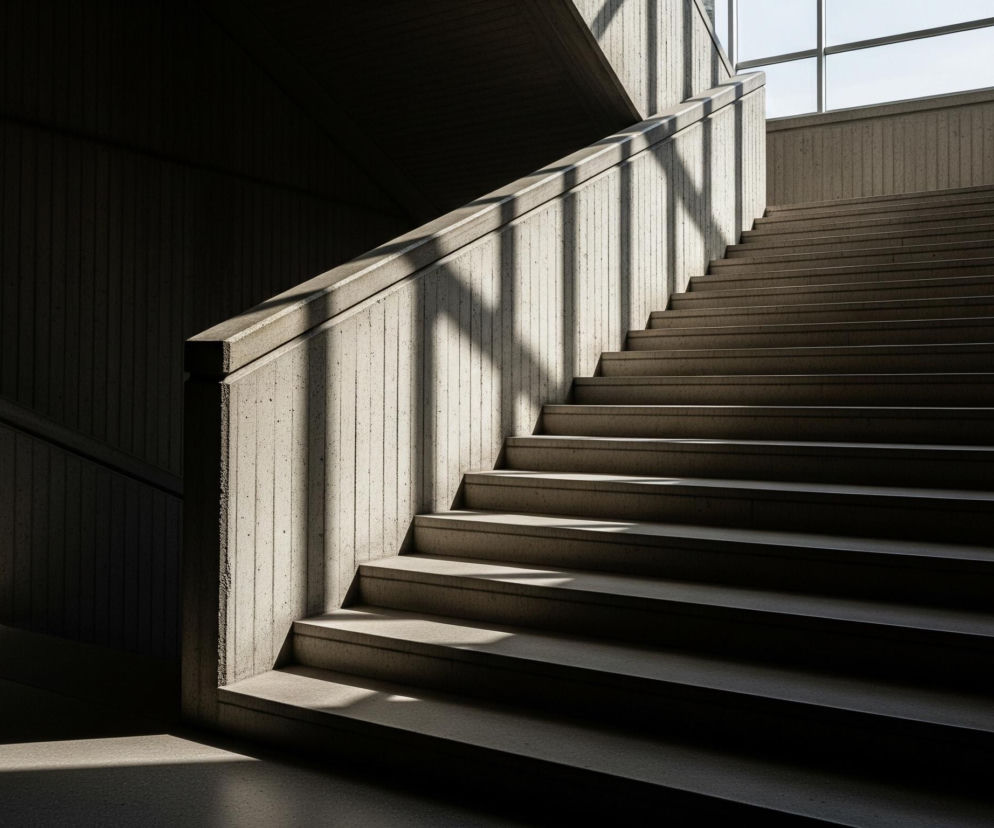W centrum zdjęcia znajduje się betonowa klatka schodowa w budynku, w której schody wznoszą się po prawej stronie ku górze. Słoneczne światło wpada przez okna na górze, tworząc wyraźne cienie na ścianach i stopniach, akcentując ich surową, szorstką teksturę. Dominują odcienie szarości i beżu, z kontrastującymi, jasnymi obszarami światła i głębokimi, ciemnymi cieniami. Po lewej stronie widoczny jest fragment innego biegu schodów, również z betonową balustradą i częściowo oświetlony.