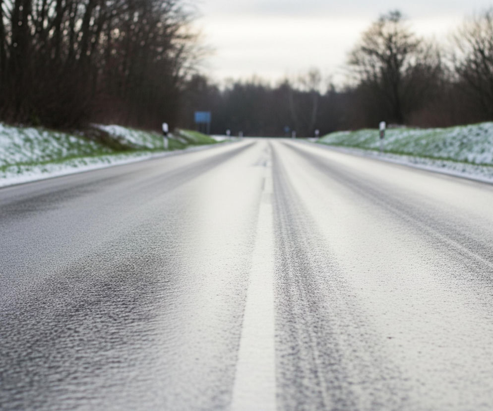 Na pierwszym planie widoczna jest szeroka, asfaltowa droga pokryta warstwą lodu lub szronu, nadającą jej ziarnistą teksturę i szaro-biały odcień. Droga biegnie prosto w głąb obrazu, a jej środek wyznacza wyraźna biała linia. Po obu stronach drogi rozciągają się zielone pobocza, częściowo pokryte śniegiem, za którymi widać pasmo nagich drzew i krzewów o ciemnych gałęziach. Horyzont dominuje jasne, zachmurzone niebo.