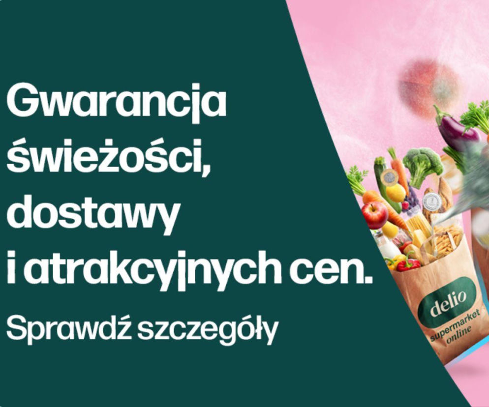 Papierowa torba z logo delio pełna warzyw i owoców na różowym tle. O nowej kampanii supermarketu przeczytasz na Eska.