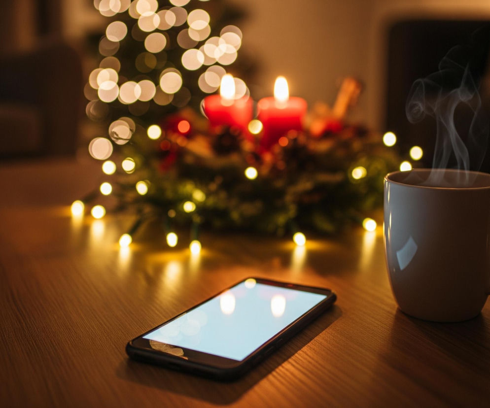 Na drewnianym stole leży czarny smartfon z jasnym ekranem, odbijającym światła otoczenia. Obok, po prawej stronie, stoi beżowy kubek, z którego unosi się delikatny dymek. W tle, rozmyte, widoczne są świąteczne dekoracje: zielony wieniec z czerwonymi świecami, których płomienie intensywnie świecą, oraz liczne, ciepłe, żółte światełka. Cała scena jest utrzymana w ciemnych, ciepłych barwach, tworząc przytulną atmosferę.