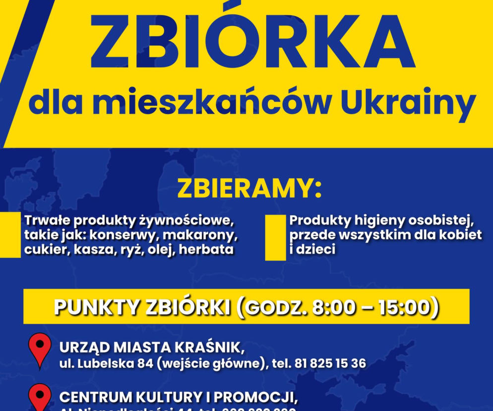 Plakat informujący o zbiórce produktów dla Ukraińców