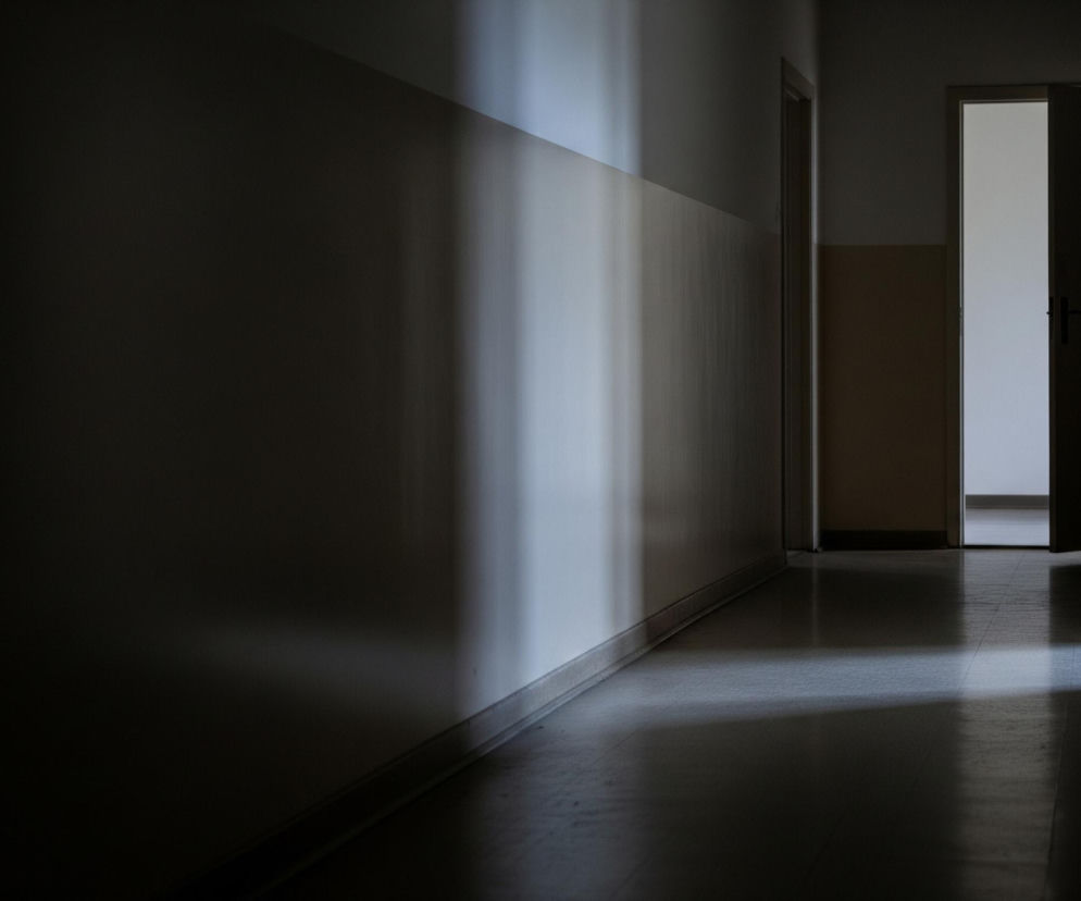 Długi korytarz w budynku oświetlony jest światłem dziennym wpadającym z niezidentyfikowanego źródła, tworząc wyraźne cienie. Lewa ściana jest dwukolorowa, z ciemniejszym, szaro-beżowym odcieniem u góry i jaśniejszym, jasnobeżowym odcieniem u dołu, oddzielonym poziomą linią. Część tej ściany jest rozświetlona pionowymi smugami światła, kontrastującymi z ogólnym półmrokiem. Po prawej stronie, w głębi korytarza, otwarte są drzwi, za którymi widać jasne wnętrze innego pomieszczenia, z częściowo widoczną ościeżnicą i fragmentem ściany. Podłoga w korytarzu jest ciemna, z jaśniejszymi fragmentami, gdzie padają promienie światła.