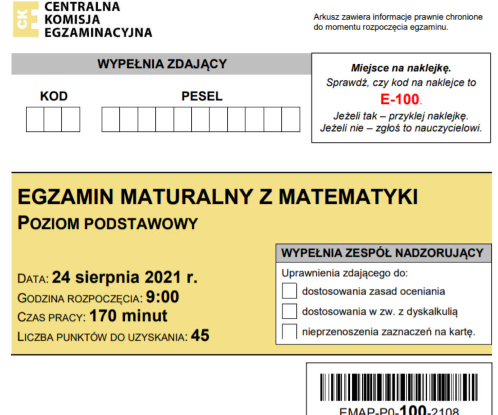 Matura poprawkowa 2021 ARKUSZ MATEMATYKA, ODPOWIEDZI, ZADANIA i KLUCZ