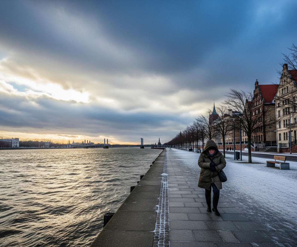Kobieta w zielonej, ocieplanej kurtce z kapturem, ciemnych spodniach i rękawiczkach kroczy po wybrukowanej ścieżce wzdłuż zamarzniętej rzeki. W tle, po prawej stronie, widać szereg zabytkowych budynków z czerwonymi dachami i oknami. Po lewej stronie, za rzeką, znajdują się odległe budynki i długi most, a niebo dominuje duża, warstwowa chmura w odcieniach szarości i błękitu, z przebłyskami jaśniejszego, złotego światła. Ścieżka, po której idzie kobieta, jest częściowo pokryta cienką warstwą śniegu, podobnie jak trawnik oddzielający ją od rzędu nagich drzew i pustej ulicy po prawej stronie.