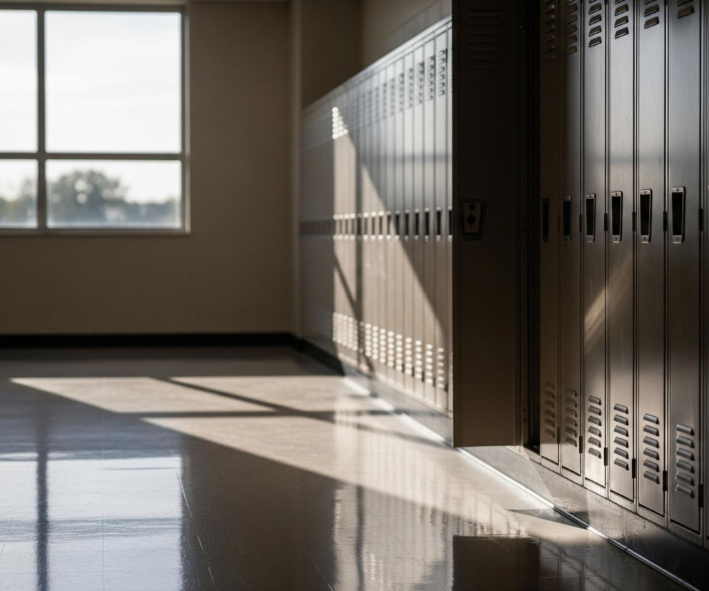 W długim korytarzu widocznym z boku, po prawej stronie znajduje się rząd beżowych szafek, na które pada ostre światło słoneczne, tworząc ukośne cienie i jasne plamy. Ściana po lewej stronie jest gładka i beżowa, a w jej centrum, na wprost widza, znajduje się duże, prostokątne okno podzielone na cztery szyby, przez które wpada jasne światło, częściowo rozmywając widok na zewnątrz, gdzie widać ciemne drzewa i jasne niebo. Podłoga korytarza jest ciemna i lśniąca, z wyraźnym odbiciem światła w kształcie litery T pochodzącym od okna, oraz ukośnymi, jasnymi pasmami odblasków biegnącymi wzdłuż szafek.