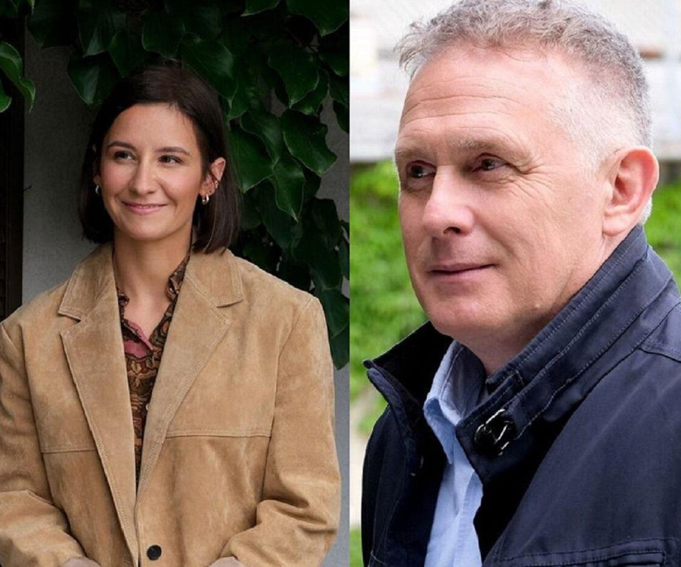 Uśmiechnięta Amanda Mincewicz jako Agnes w beżowej kurtce i Robert Moskwa jako Artur Rogowski w granatowej kurtce. Para z serialu M jak miłość toczy walkę o to, czy Artur pozna prawdę, że Agnes jest jego córką. Więcej o tym na stronie Super Seriale.