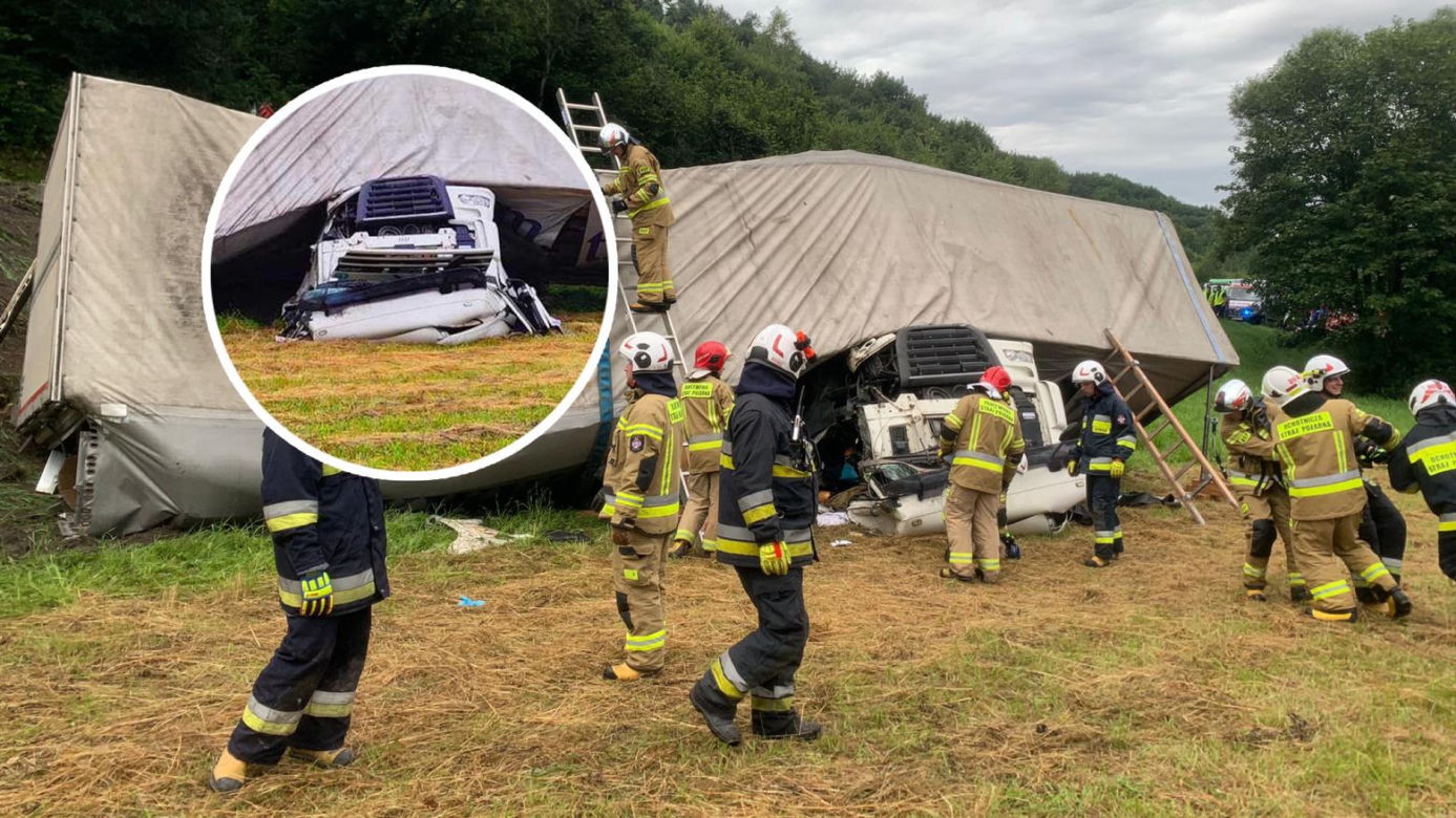 Śmiertelny wypadek pod Krosnem. Tir spadł ze skarpy z 49-latkiem w zgniecionej kabinie