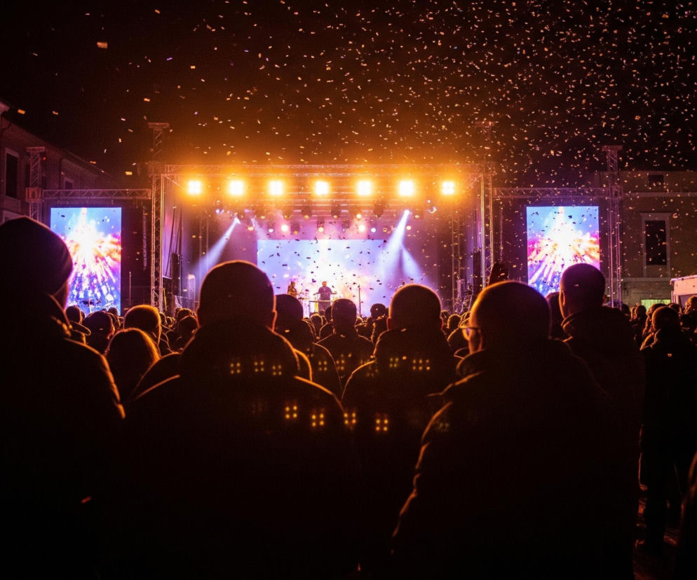 Scena nocnego koncertu lub wydarzenia z widownią stojącą plecami do widza. Centralny punkt stanowi jasno oświetlona scena z dużymi ekranami LED wyświetlającymi barwne wzory przypominające fajerwerki oraz zespół lub wykonawcy. Nad sceną i w całym kadrze unosi się mnóstwo drobnego, błyszczącego konfetti, częściowo oświetlonego przez światła sceniczne. Po bokach widoczne są fragmenty budynków oświetlonych ciepłym, pomarańczowo-różowym światłem.