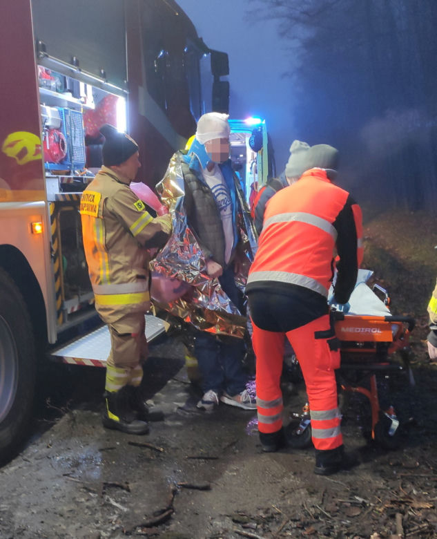 Zjechał z drogi, uderzył w drzewo. Ojciec i jego 5-letni syn w szpitalu