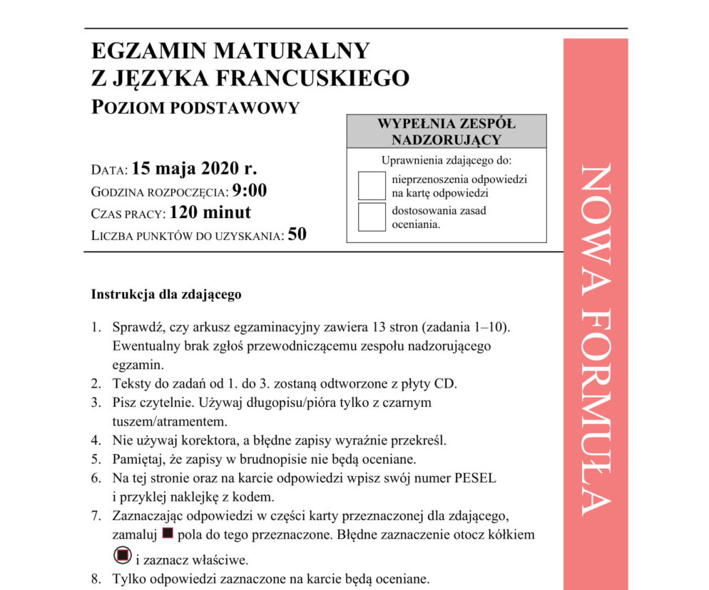 Matura 2020: język francuski ARKUSZ CKE