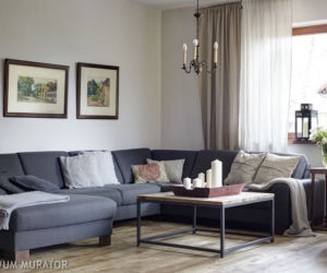 Szara sofa i szare ściany w rustykalnym salonie