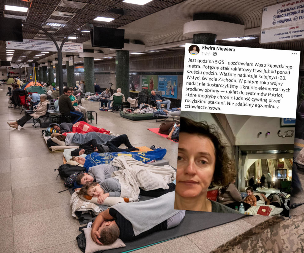 Ludzie śpiący na podłodze stacji metra w Kijowie. Obok zrzut ekranu z relacją Elwiry Niewiery, o czym pisze Eska.