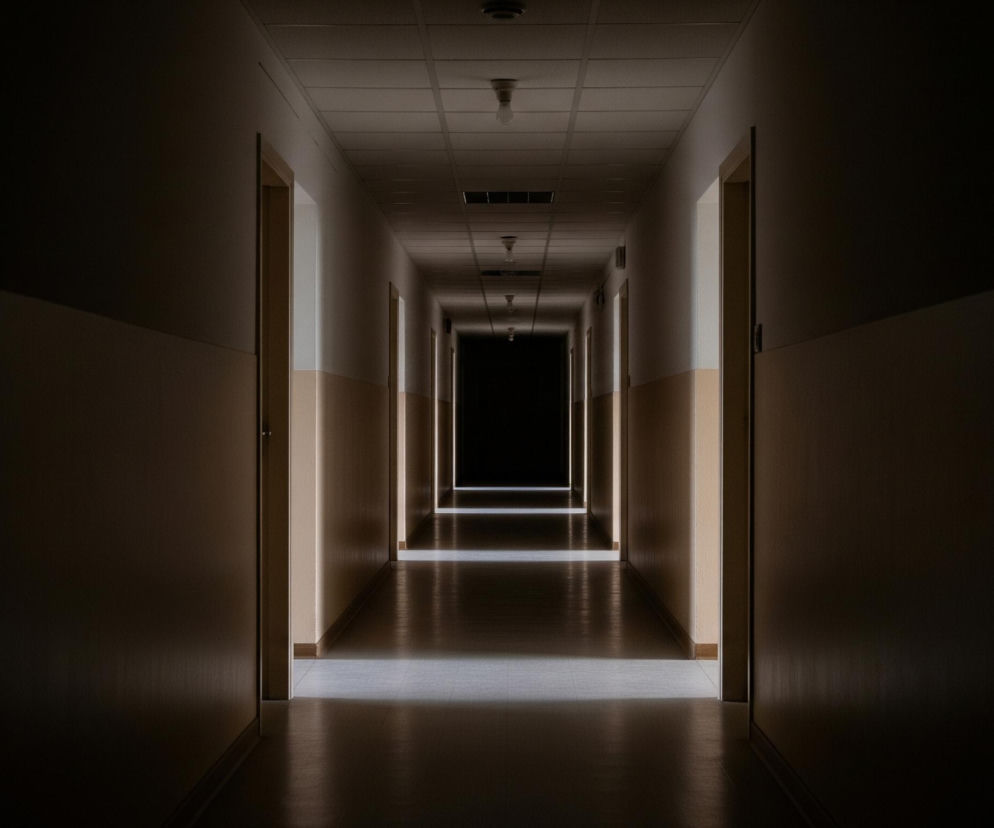Długi, wąski korytarz rozciąga się w głąb obrazu, znikając w ciemności na końcu. Po obu stronach korytarza widoczne są brązowe ściany, częściowo oświetlone od góry, gdzie przechodzą w jasny kremowy odcień w dolnej części, tworząc dwukolorowe pasy. Na suficie, wykonanym z kasetonów, umieszczone są lampy z widocznymi żarówkami, emitujące światło rozjaśniające sufit i część ścian. Podłoga odbija światło, tworząc długie, jasne pasy, szczególnie wyraźne w centrum i w oddali.