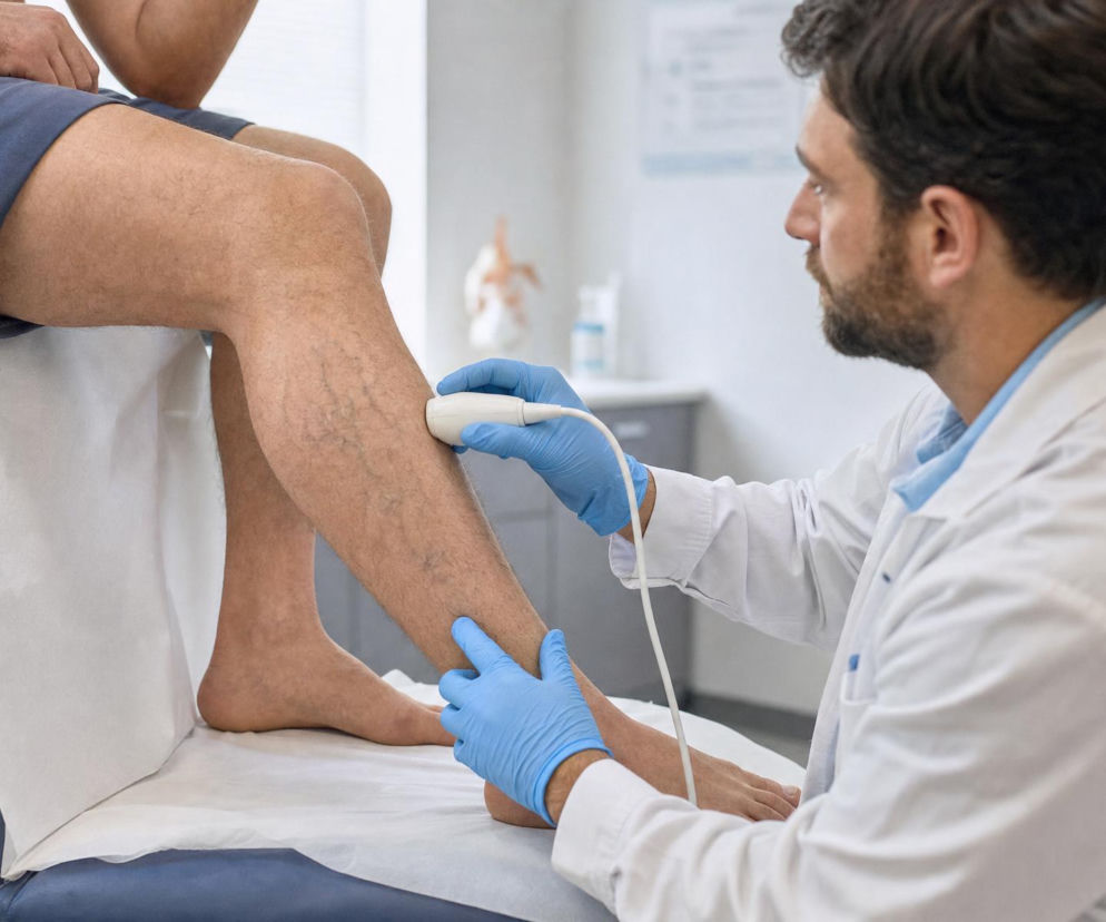 Lekarz wykonuje badanie USG Doppler nóg pacjenta z żylakami. O diagnozie i leczeniu przeczytasz na Poradnik Zdrowie.