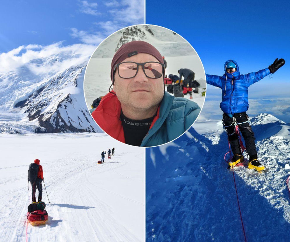 Piotr Aftyka na szczycie góry i podczas wyprawy na Denali. O zdobywaniu Korony Ziemi przeczytasz na SE.