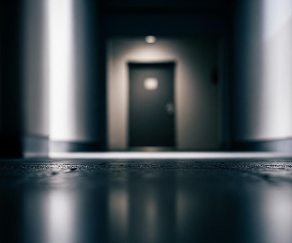 Długi, słabo oświetlony korytarz dominuje na zdjęciu, z ciemną podłogą na pierwszym planie, która staje się jaśniejsza w oddali. Na jej powierzchni widoczne są odbicia światła z sufitu i ścian, tworząc błyszczące smugi. W centrum kadru, w głębi korytarza, znajduje się drzwi w kolorze ciemnoszarym z jasnym kwadratowym elementem, prawdopodobnie numerem pokoju, a nad nimi widać pojedyncze, jasne światło. Ściany po bokach korytarza są nieostre, tworząc pionowe pasy bieli i szarości, z których lewa jest jaśniejsza i szersza, a prawa węższa.