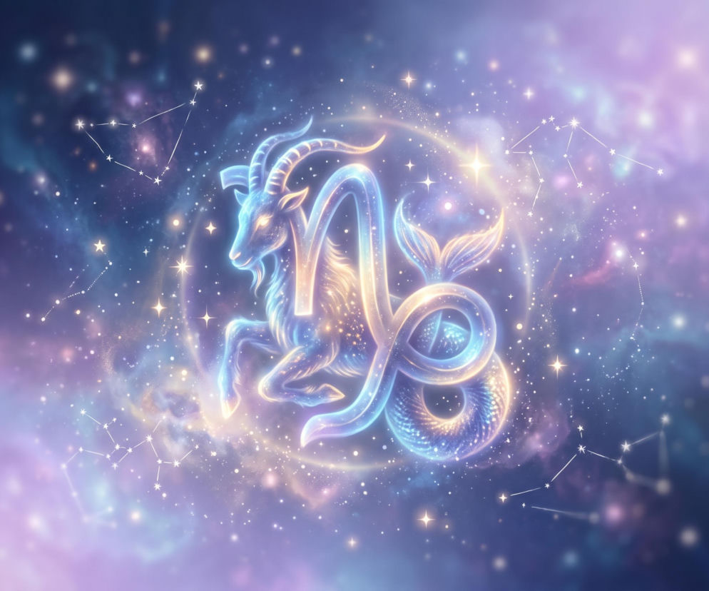 Świecący znak zodiaku Koziorożec na tle gwieździstego nieba. O horoskopie dla Koziorożca przeczytasz na Eska.